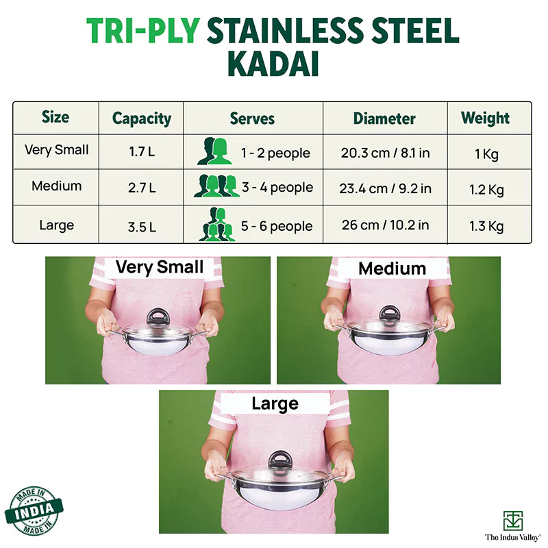 TurboCuk Tri-ply Stainless Steel Kadai+ Glass Lid, Premium Quality, 3 Layer Thick Body, 100% Toxin-free, Non-stick, Induction & Gas, 1.7/2.7/4L - Image 3