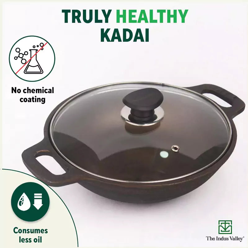 Super Smooth Cast Iron Kadai (Wok)+ Glass Lid, Pre-seasoned, Nonstick, 100% Pure,Toxin-free, 25.4cm, 2.5L, 2.4kg - Image 3
