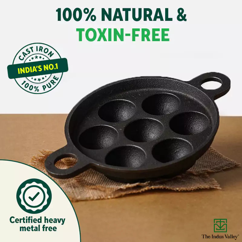 Super Smooth 7 Pit/Cup Cast Iron Paniyaram/Appe Pan+ Free Spatula, Pre-seasoned, Natural Nonstick, 100% Pure, Toxin-free, 18.9cm, 2.26 kg - Image 4