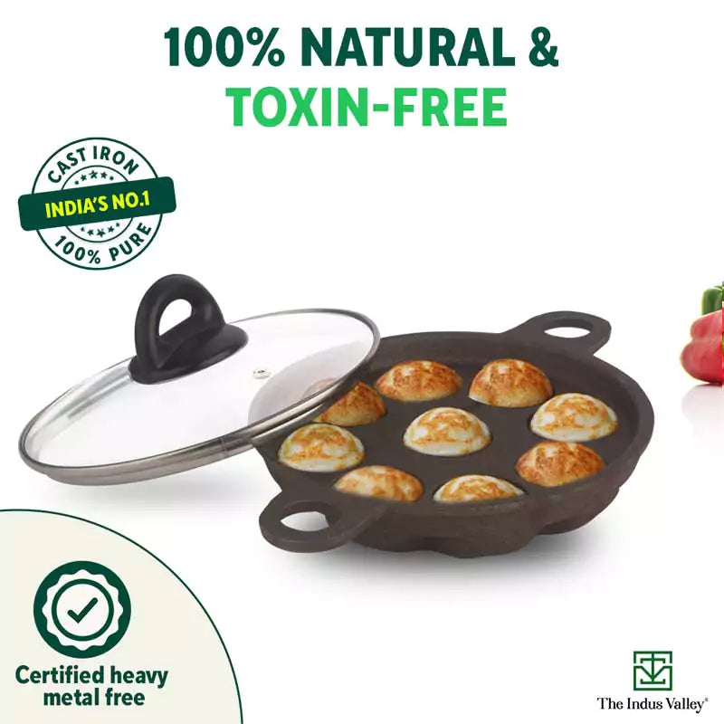 9 Pit/Cup CASTrong Cast Iron Paniyaram/Appe Pan+ Glass Lid, Pre-seasoned, Natural Nonstick, 100% Pure, Toxin-free, 21 cm, 2.7 kg - Image 5