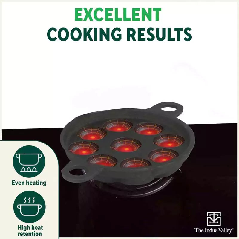 9 Pit/Cup CASTrong Cast Iron Paniyaram/Appe Pan+ Glass Lid, Pre-seasoned, Natural Nonstick, 100% Pure, Toxin-free, 21 cm, 2.7 kg - Image 6