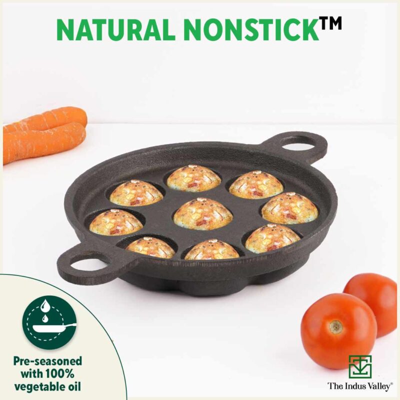 Super Smooth 9 Pit/Cup Cast Iron Paniyaram/Appe Pan+ Free Spatula, Pre-seasoned, Natural Nonstick, 100% Pure, Toxin-free, 21 cm, 2.8kg - Image 9