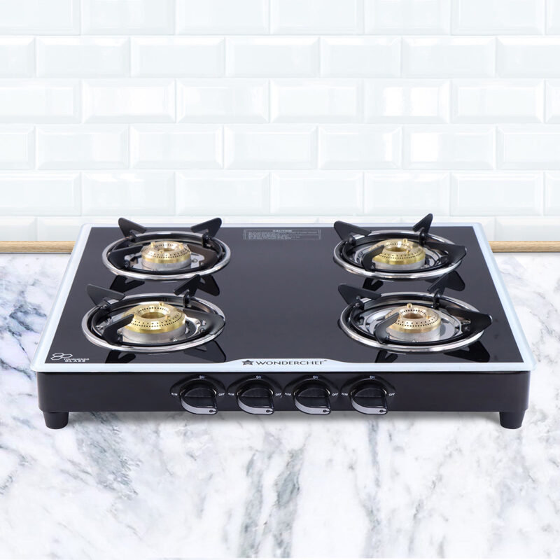 Platinum 4 Burner Manual Glass Cooktop | 6mm Toughened Glass Cooktop | Stainless Steel Drip tray | Anti-Skid Legs | Large Pan support | Manual Ignition | Black steel frame | 2 Year Warranty | Black - Image 6