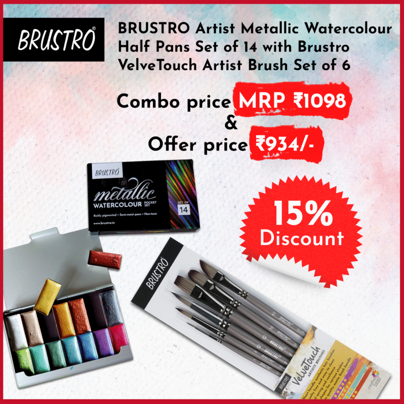 BRUSTRO Artist Metallic Watercolour Half Pans Set of 14 with Brustro VelveTouch Artist Brush Set of 6 - Image 5