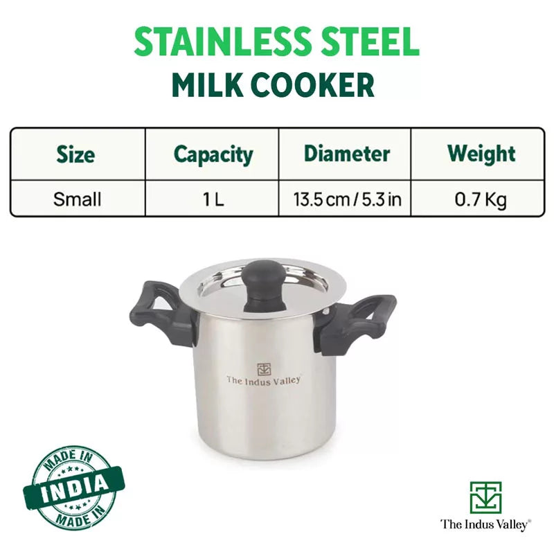 Stainless Steel Milk Cooker/ Boiler/ Pot with Handle+ Lid+ Knob+ Whistle, Premium Quality, 100% Toxin-free, Induction & Gas, 1 Litre - Image 2