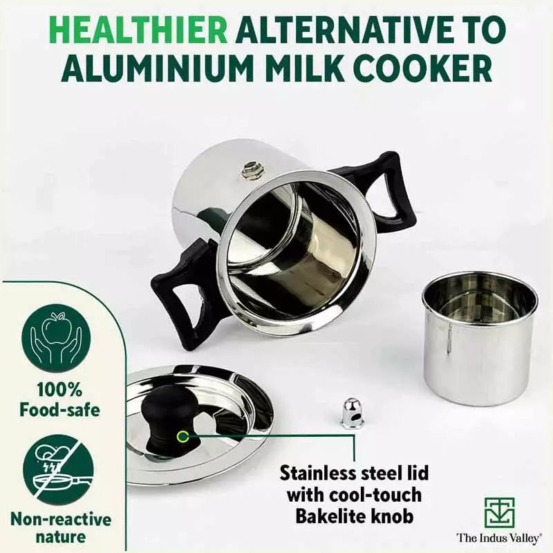 Stainless Steel Milk Cooker/ Boiler/ Pot with Handle+ Lid+ Knob+ Whistle, Premium Quality, 100% Toxin-free, Induction & Gas, 1 Litre - Image 4