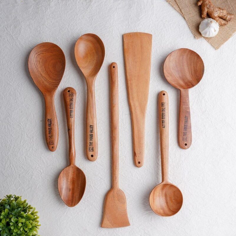 100% Natural Neem Wood Cooking & Serving Spoons/Spatula/Ladles, Set of 7, Toxin-free, Anti-microbial - Image 8
