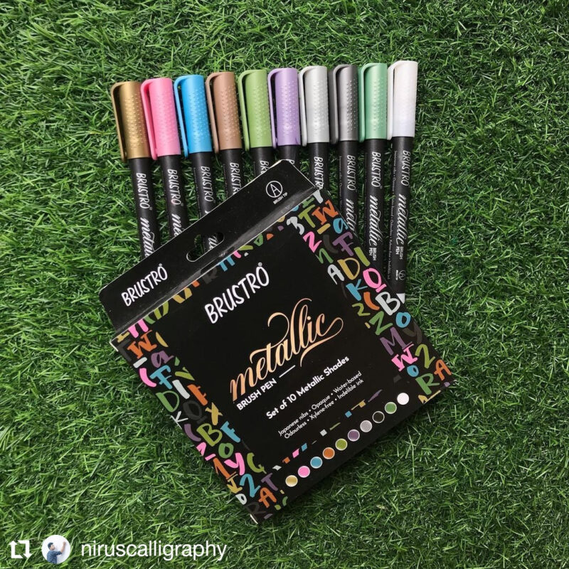 BRUSTRO Metallic Brush Pens - Soft Brush Tip Set of 10 Colors. with Colour Brush Pens Set of 12 (Pigment Based, Hard tip Brush Pen) Flexible tip for Calligraphy, Lettering and Drawing Techniques. - Image 5
