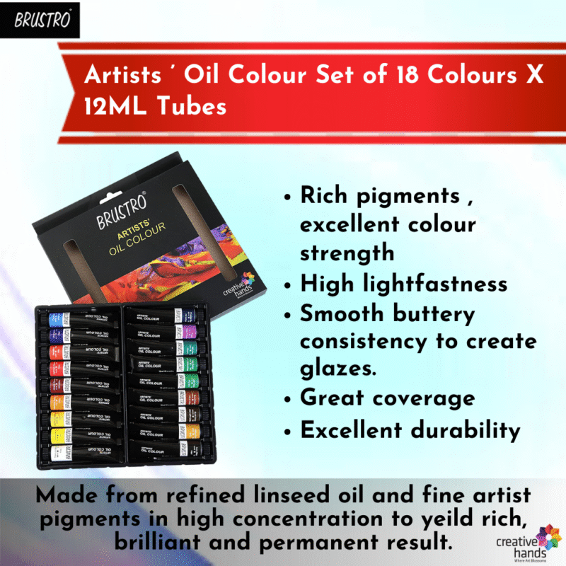 Brustro White Bristle Hair Brushes (Pack of 13) with Artists Oil Colour Set of 18 Colours X 12ML Tubes and Oil Painting Paper 300 GSM A4 (Pack of 9 + 3 Free Sheets)