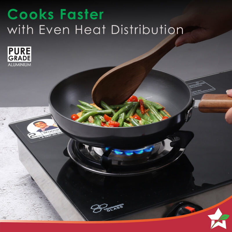 Ebony Non-stick 20 cm Deep Fry Pan with Lid with Induction Bottom & Wooden Handle | Hard Anodized Aluminium | Metal-spatula friendly | 3.25 mm thickness ideal for deep frying | 5 Years Warranty | Grey - Image 4
