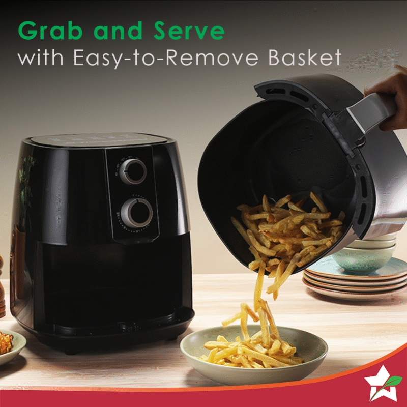 Prato Manual Air Fryer for Home and Kitchen with 5 Pre-set Menu|3.8 Litres Non-stick Basket| Fry, Grill, Bake & Roast| Rapid Air Technology| Auto Shut-Off| Healthy Cooking with 99% less Fat| Sleek & Compact| 1450 Wattage| Black| 1 Year Warranty - Image 3