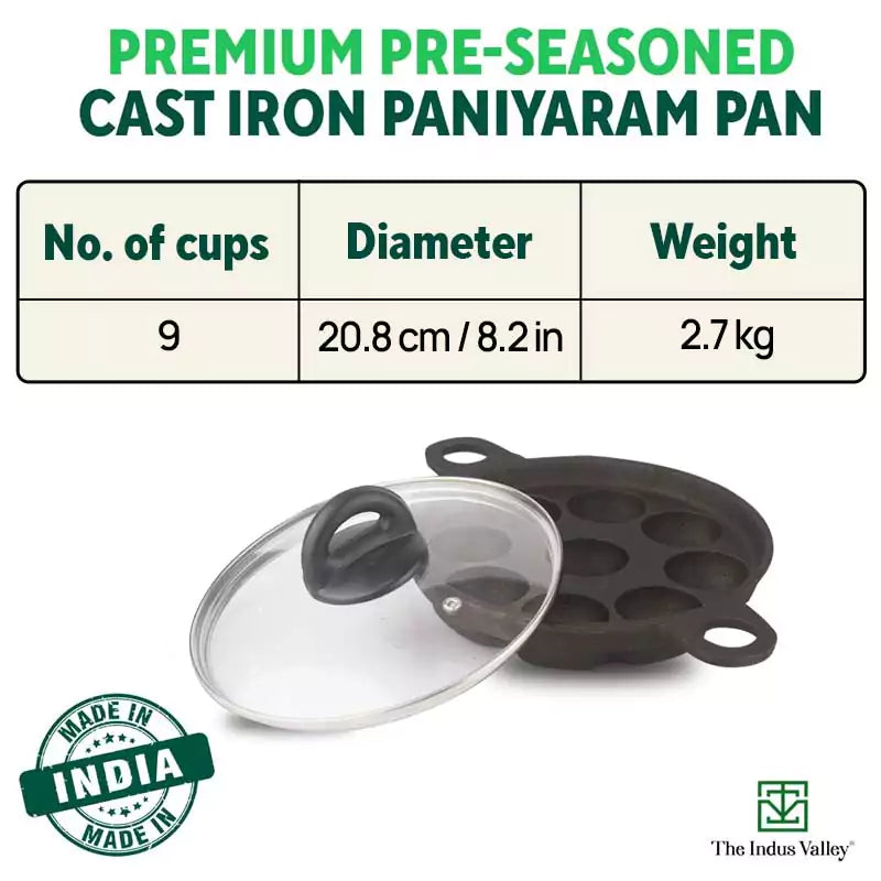 9 Pit/Cup CASTrong Cast Iron Paniyaram/Appe Pan+ Glass Lid, Pre-seasoned, Natural Nonstick, 100% Pure, Toxin-free, 21 cm, 2.7 kg - Image 2