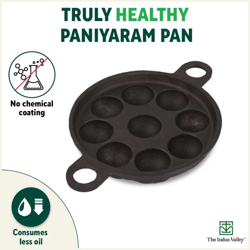 Super Smooth 9 Pit/Cup Cast Iron Paniyaram/Appe Pan+ Free Spatula, Pre-seasoned, Natural Nonstick, 100% Pure, Toxin-free, 21 cm, 2.8kg - Image 6
