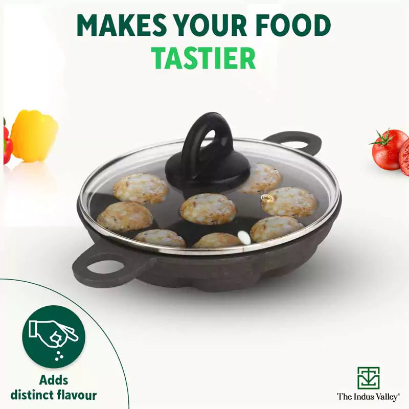 9 Pit/Cup CASTrong Cast Iron Paniyaram/Appe Pan+ Glass Lid, Pre-seasoned, Natural Nonstick, 100% Pure, Toxin-free, 21 cm, 2.7 kg - Image 8