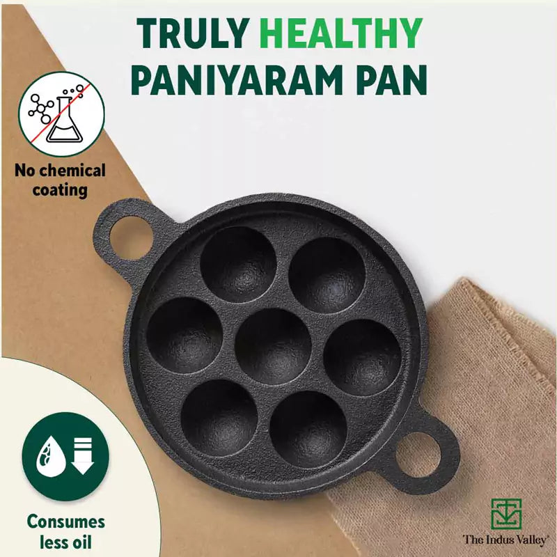 Super Smooth 7 Pit/Cup Cast Iron Paniyaram/Appe Pan+ Free Spatula, Pre-seasoned, Natural Nonstick, 100% Pure, Toxin-free, 18.9cm, 2.26 kg - Image 2