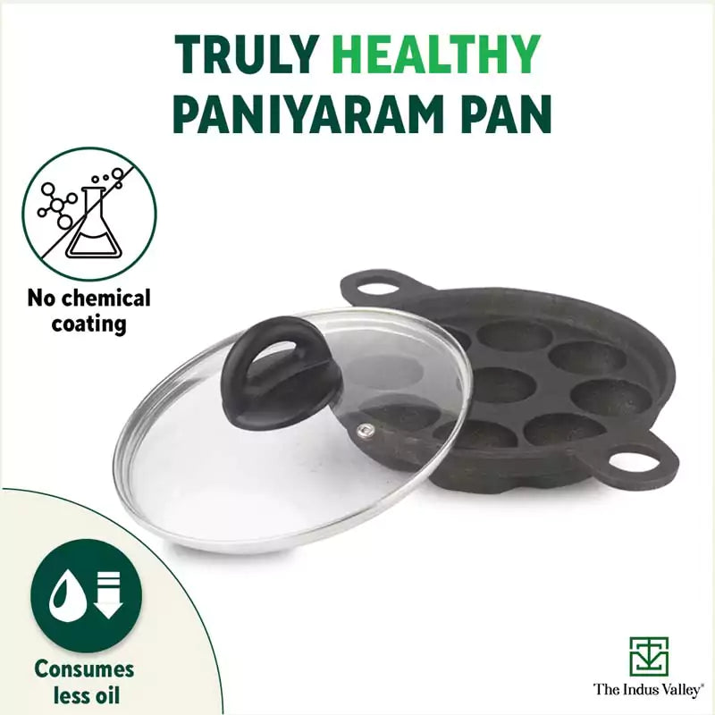 9 Pit/Cup CASTrong Cast Iron Paniyaram/Appe Pan+ Glass Lid, Pre-seasoned, Natural Nonstick, 100% Pure, Toxin-free, 21 cm, 2.7 kg - Image 3