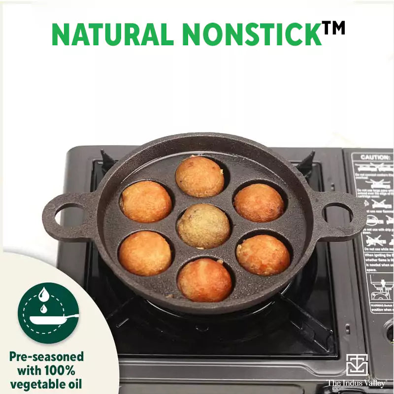 Super Smooth 7 Pit/Cup Cast Iron Paniyaram/Appe Pan+ Free Spatula, Pre-seasoned, Natural Nonstick, 100% Pure, Toxin-free, 18.9cm, 2.26 kg - Image 6