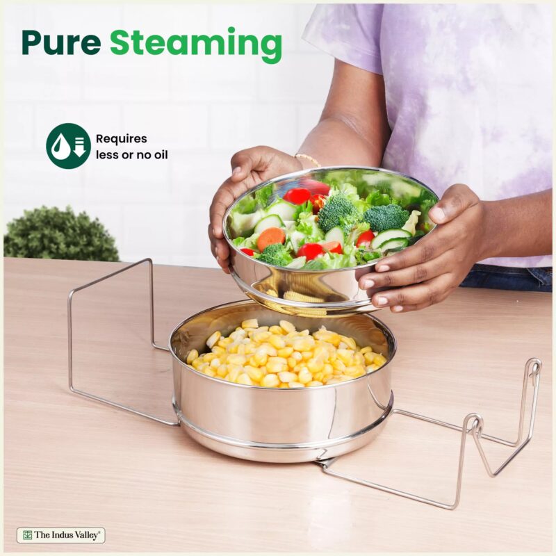 Stainless Steel Pressure Cooker Separator 2-tier Compatible with 5 Litres , Premium Quality, 100% Safe, 2 Containers With Lifter Stand, Stainless Steel - Image 7