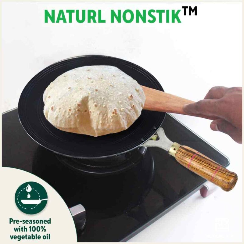 100% Pure Sheet Iron Tawa, Concave, Toxin-free, Seasoned, Wooden Handle, 25.5cm, 0.9kg - Image 8