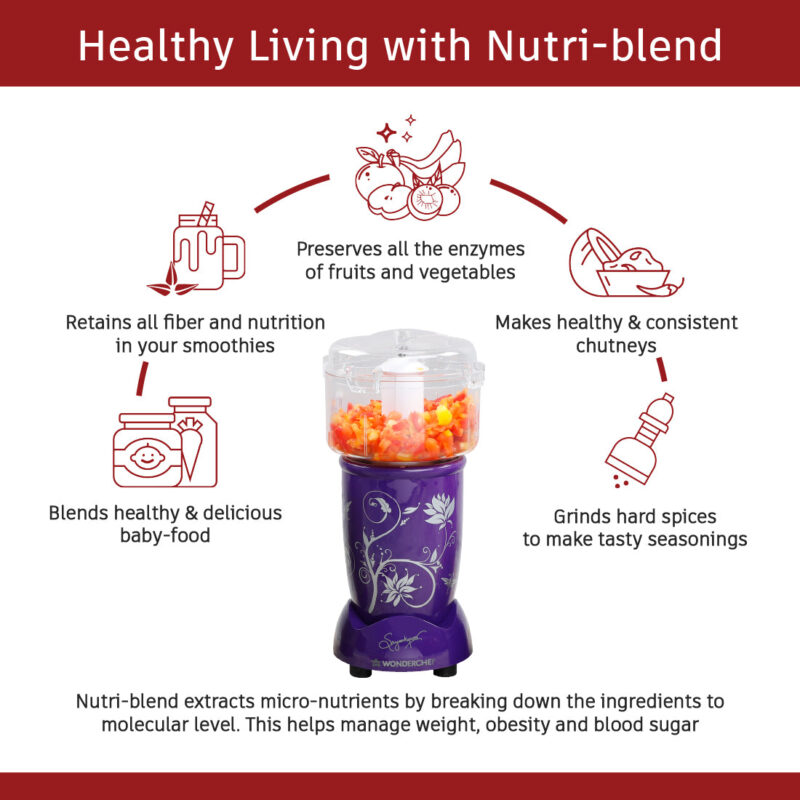 Nutri-blend Complete Kitchen Machine, 400W, 22000 RPM 100% Full Copper Motor, Mixer-Grinder, Blender, Chopper, Juicer, SS Blades, 4 Unbreakable Jars, 2 Years Warranty, Purple, Recipe Book By Chef Sanjeev Kapoor - Image 3