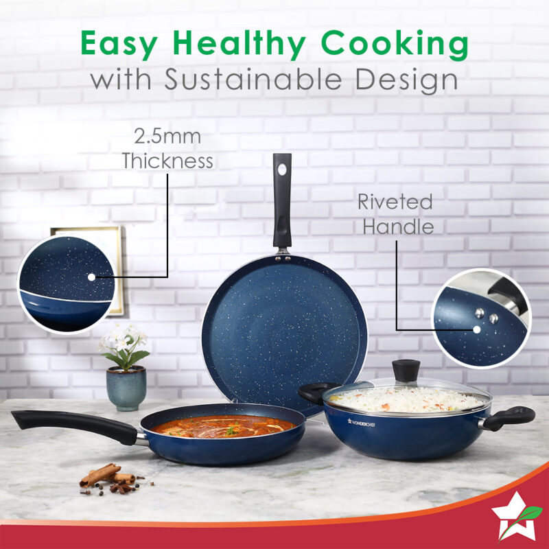 Galaxy Cookware 4 Piece Set | 24 cm Kadhai with Lid, 24 cm Fry Pan, 28 cm Dosa Tawa | Induction Friendly | Cool Touch Bakelite Handles | Pure Grade Aluminium| PFOA Free| 2 Years Warranty | Midnight Blue - Image 7