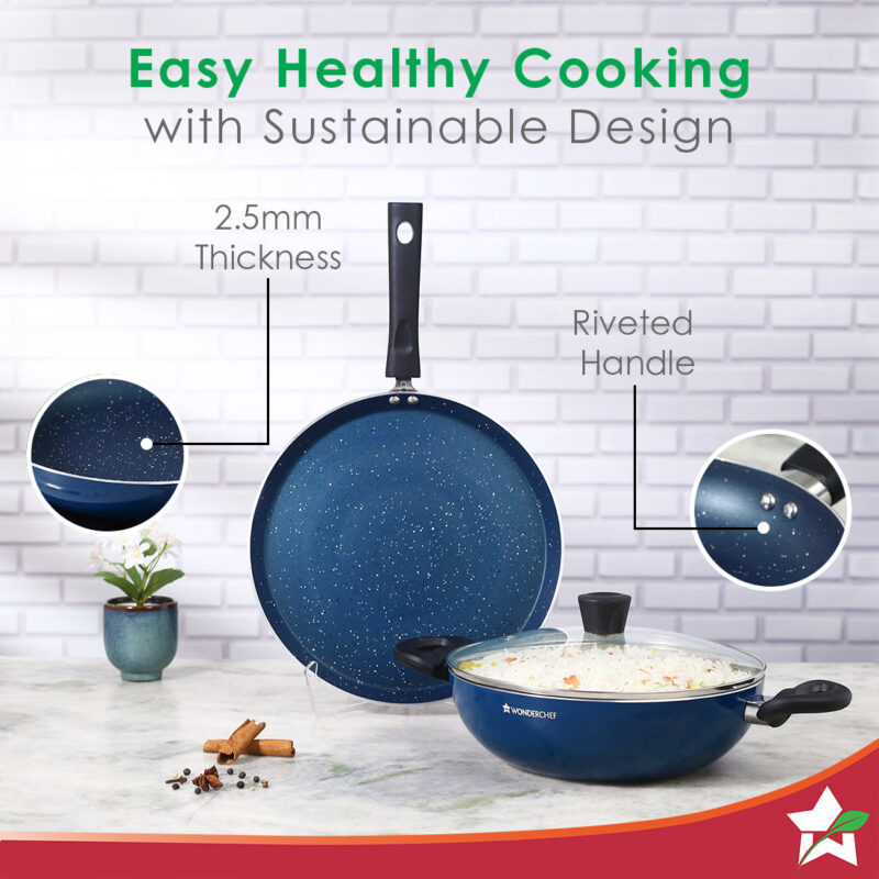 Galaxy 3pcs Cookware Set | Kadhai with Lid and Dosa Tawa | Induction Friendly | Cool Touch Bakelite Handles | Pure Grade Aluminium| PFOA Free| 2 Years Warranty | Midnight Blue - Image 6
