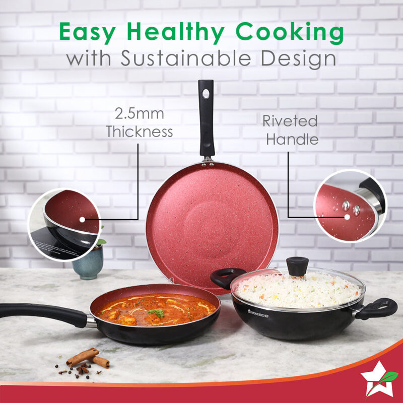 Galaxy Cookware 4 Piece Set | Kadhai with Lid, Fry Pan, Dosa Tawa | Induction Friendly | Cool Touch Bakelite Handles | Pure Grade Aluminium| PFOA Free| 2 Years Warranty | Brick Red - Image 6