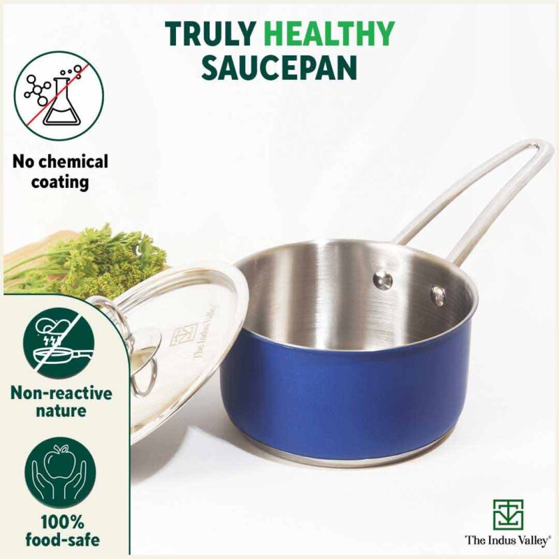 Tri-Steel Premium Stainless Steel Saucepan/ Milk/ Tea Pan, Tri-ply (3 Layer) Induction Bottom, Steel Lid, 1.4L, Blue - Image 3