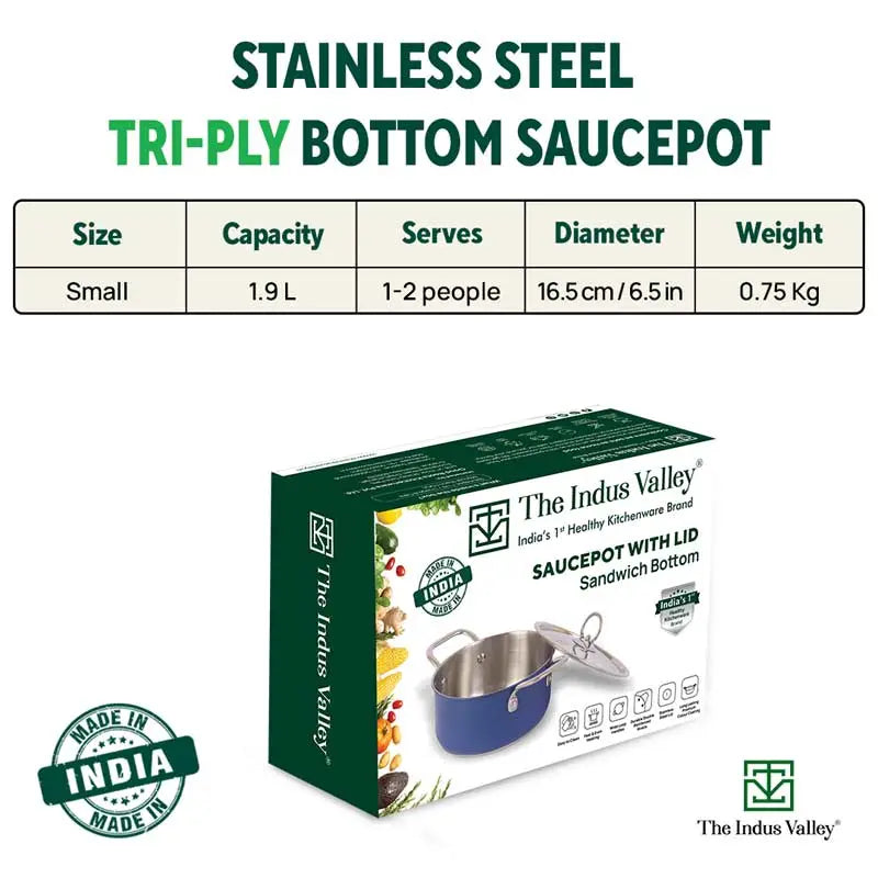 Tri-Steel Premium Stainless Steel Casserole/ Saucepot with Steel Lid, Tri-ply (3 Layer) Induction Bottom, 1.9L, Blue - Image 2