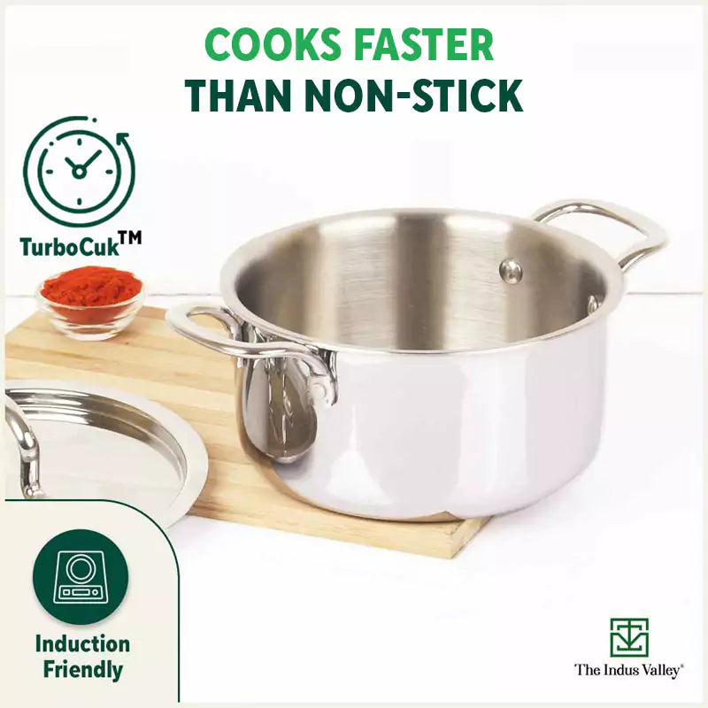 TurboCuk Tri-ply Stainless Steel Casserole/ Cooking Pot/ Sauce Pot+ Steel Lid, Premium Quality, 3 Layer Thick Body, 100% Toxin-free, Non-stick, Induction & Gas, 2.1L - Image 6