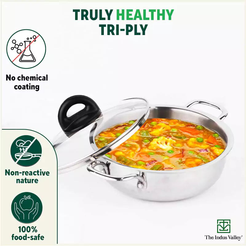 TurboCuk Tri-ply Stainless Steel Deep Fry Pan+ Glass Lid, Premium Quality, 3 Layer Thick Body, 100% Toxin-free, Non-stick, Induction & Gas, 20.3cm, 1.5 L, 1.38kg - Image 3
