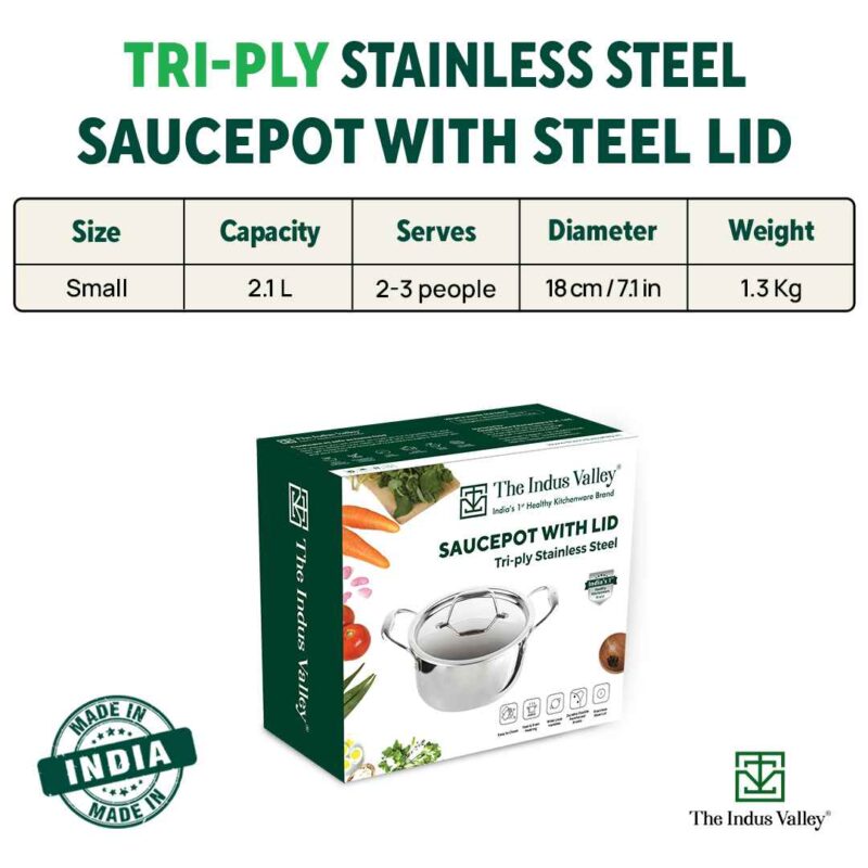 TurboCuk Tri-ply Stainless Steel Casserole/ Cooking Pot/ Sauce Pot+ Steel Lid, Premium Quality, 3 Layer Thick Body, 100% Toxin-free, Non-stick, Induction & Gas, 2.1L - Image 3