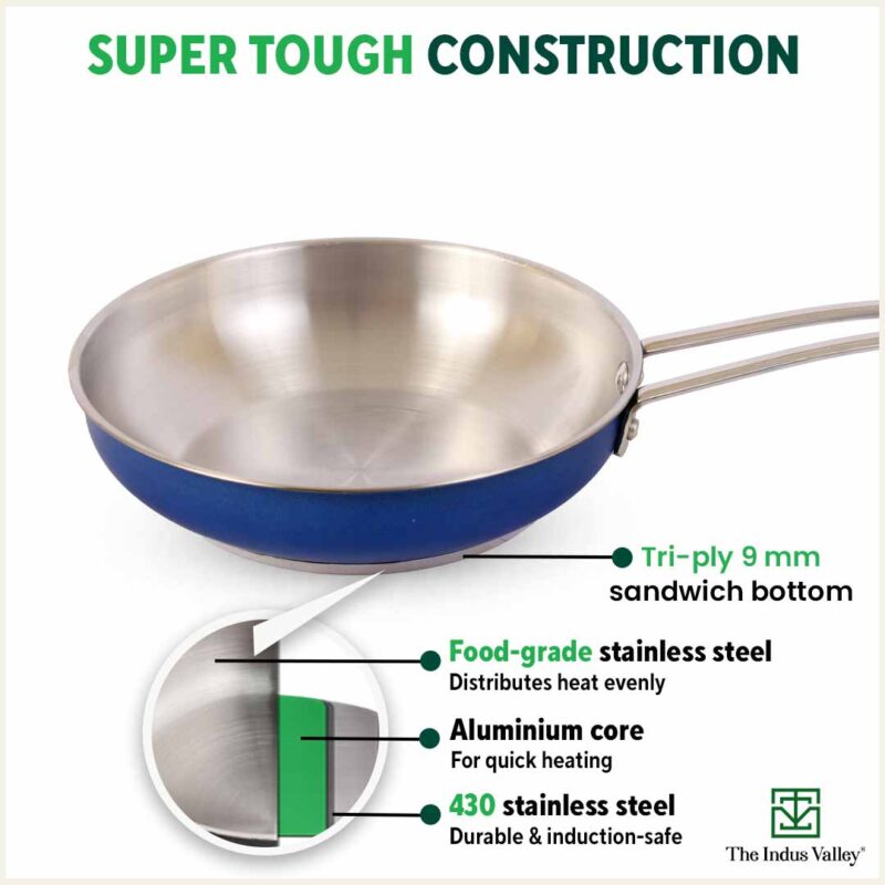 Tri-Steel Premium Stainless Steel Fry Pan, Tri-ply (3 Layer) Induction Bottom, 1.5L, Blue - Image 5