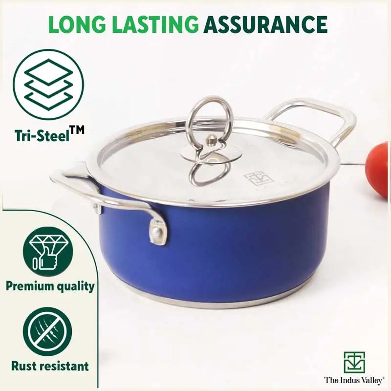 Tri-Steel Premium Stainless Steel Casserole/ Saucepot with Steel Lid, Tri-ply (3 Layer) Induction Bottom, 1.9L, Blue - Image 9