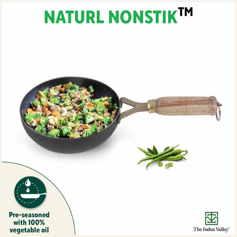 100% Pure Sheet Iron Tadka Pan with Wooden/Silicone Handle, Seasoned, Toxin-free, 0.8/0.43ml - Image 8