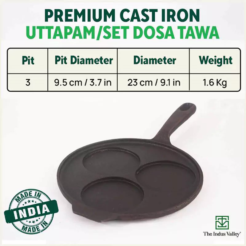 CASTrong Cast Iron Uttapam/ Set Dosa Tawa, 3 Pit, Pre-seasoned, 100% Pure, Toxin-free, Induction, 23cm - Image 2