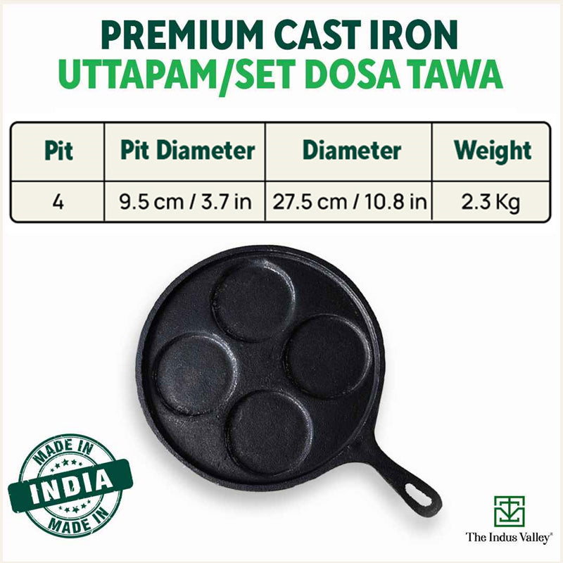 CASTrong Cast Iron Uttapam/ Set Dosa Tawa, 4 Pit,Pre-seasoned, 100% Pure, Toxin-free, Induction, 27.5cm - Image 2
