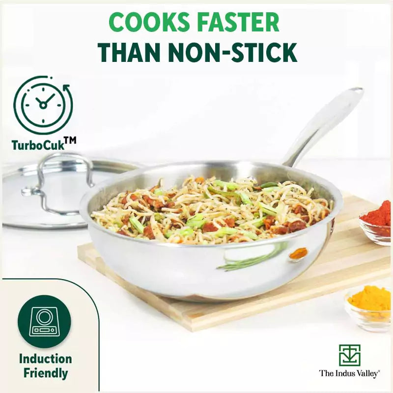 TurboCuk Tri-ply Stainless Steel Wok/Fry Pan+ Steel Lid, Premium Quality, 3 Layer Thick Body, 100% Toxin-free, Non-stick, Induction & Gas, 1.8/2.3L, 1.3/1.4kg - Image 8