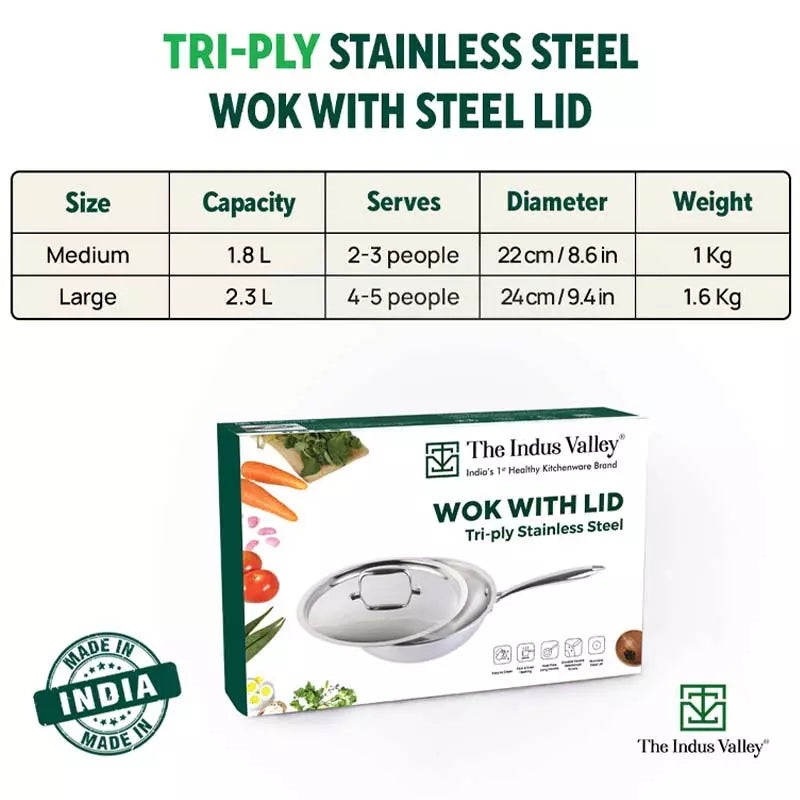 TurboCuk Tri-ply Stainless Steel Wok/Fry Pan+ Steel Lid, Premium Quality, 3 Layer Thick Body, 100% Toxin-free, Non-stick, Induction & Gas, 1.8/2.3L, 1.3/1.4kg - Image 2