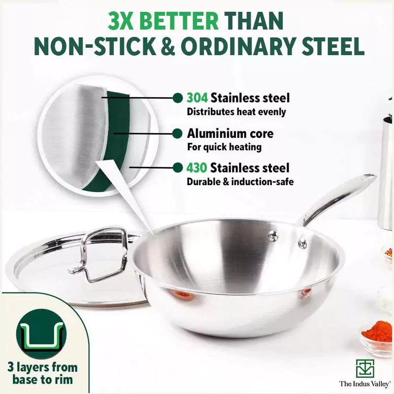 TurboCuk Tri-ply Stainless Steel Wok/Fry Pan+ Steel Lid, Premium Quality, 3 Layer Thick Body, 100% Toxin-free, Non-stick, Induction & Gas, 1.8/2.3L, 1.3/1.4kg - Image 6